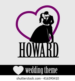 Wedding Couple Cake topper isolated vector on white. Black silhouette groom and bride with big heart background.