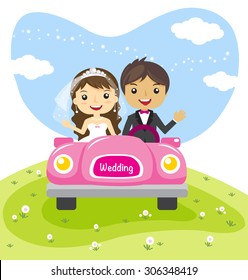 wedding couple in a car, cartoon married character design - vector illustration