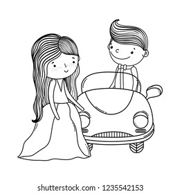 wedding couple and car cute cartoon in black and white