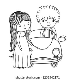 wedding couple and car cute cartoon in black and white