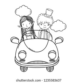 wedding couple and car cute cartoon black and white