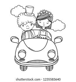 wedding couple and car cute cartoon black and white