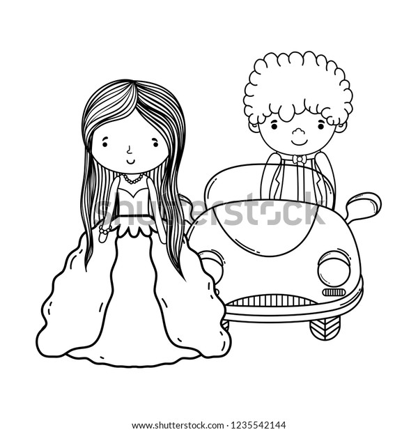 wedding\
couple and car cute cartoon in black and\
white