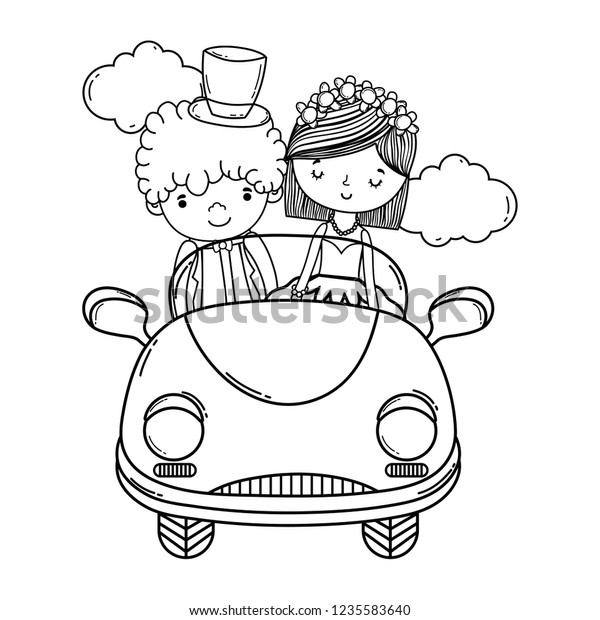 wedding\
couple and car cute cartoon black and\
white
