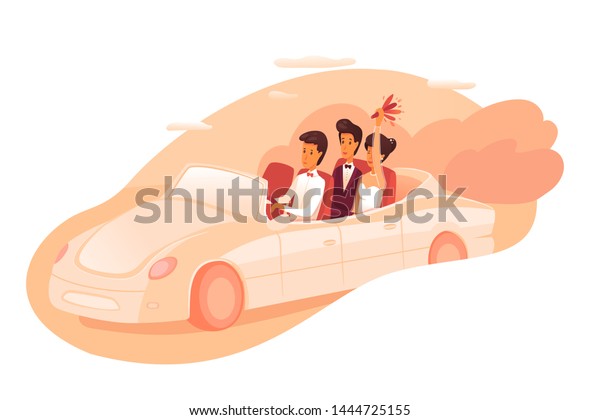 Wedding couple in car flat vector illustration.\
Driver cartoon character. Newlywed going in honeymoon trip. Just\
married. Wedding car rental. Happy couple driving on wedding\
ceremony in cabriolet
