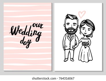 Wedding couple cards. Hipster groom with mustache, beard with bride. Doodle. Vector Illustration Hand drawn cartoon character. Wedding of Bearded man and beautiful woman.