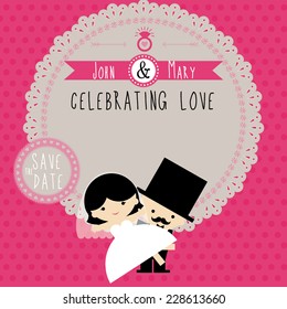 Wedding couple Cartoon card template, vector/illustration. Celebrating Love wedding invitation