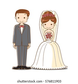 wedding couple cartoon, cute bride and groom newlyweds character, vector illustration