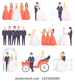 Wedding couple celebrating with their friends set, bride and groom, bridesmaids, groomsmen at a wedding ceremony vector Illustration on a white background