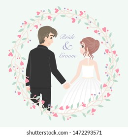 Wedding couple character with florals frame