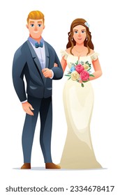 Wedding couple character of man and woman just married. Happy bride and groom in wedding dress with roses bouquet