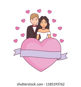 wedding couple characters love heart ribbon