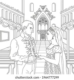 Wedding couple in church coloring page for adult, Man and Woman getting married, Bride and groom taking vows in Cathedral