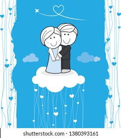 Wedding couple in a cloud with a plane in the sky