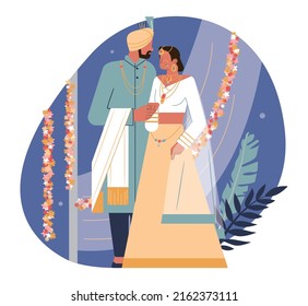 Wedding couple of color. Happy diverse wedding couple wearing traditional clothes. Indian bride and groom mariage ceremony. Flat vector illustration