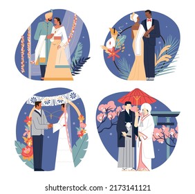 Wedding couple of color set. Happy diverse wedding couples wearing traditional clothes. Indian, african, mexican, japanese bride and groom mariage ceremony. Flat vector illustration