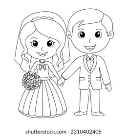 Wedding Couple Coloring Page. Bride And Groom Cartoon Illustration. Cute Marriage Scene. Just Married Illustration. Wedding Ceremony Act. Groom Wearing A Tuxedo And Bride Carrying A Bouquet Of Flowers