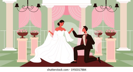 Wedding couple composition with indoor hall interior and characters of bride and groom in smart costumes vector illustration