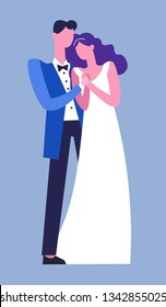 Wedding couple cuddling tender man and woman isolated male and female vector happy people on ceremony bride wearing dress and bridegroom in suit standing by wife husband with spouse flat style