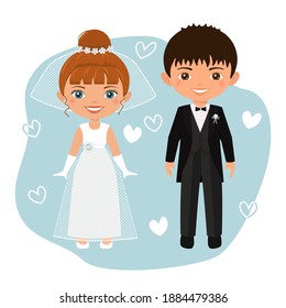 Wedding couple. Cute chibi characters groom and bride in wedding dresses. Flat cartoon style