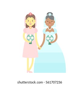 Wedding couple. Cute flat characters, brides in dresses with festive flower bouquets, just married. Homosexual, same sex relationships, happy lesbian girls.