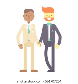 Wedding couple. Cute flat characters, grooms in suit and jacket with bowtie, just married. Homosexual, same sex relationships, happy gay men.