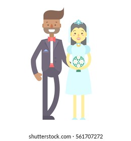 Wedding couple. Cute flat characters, groom and bride, in suit and wedding dress with flower bouquet, just married. Heterosexual relationships