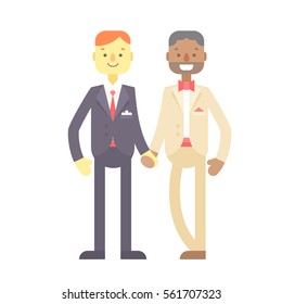 Wedding couple. Cute flat characters, grooms in suit and jacket with bowtie, just married. Homosexual, same sex relationships, happy gay men.