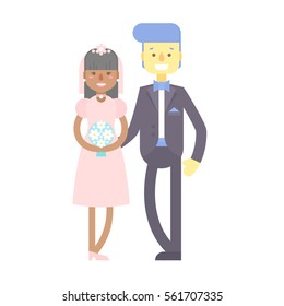 Wedding couple. Cute flat characters, groom and bride, in suit and wedding dress with flower bouquet, just married. Heterosexual relationships