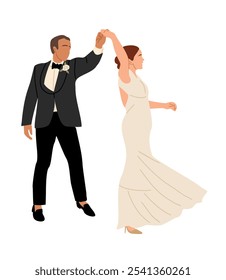 Boda pareja bailando. Novia y novio en ropa formal el día de la boda, ceremonia de matrimonio. Acabo de casarme, novios. Ilustración vectorial realista aislada sobre fondo blanco.