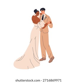 Boda pareja bailando. Novia y novio enamorados en la ceremonia de matrimonio. Mujer negra en vestido elegante, vestido y hombre en traje, corbata. Románticos recién casados. Ilustración vectorial plana aislada sobre fondo blanco