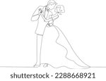 Wedding couple dancing in fancy dress. Wedding one-line drawing