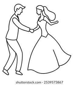 Wedding couple dancing in fancy dress vector illustration on white background. Wedding one line drawing.