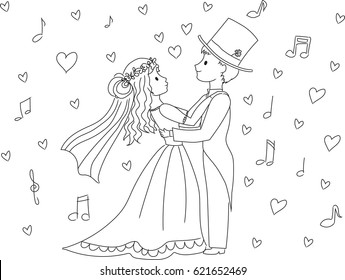 Wedding couple dancing. Hand drawn cartoon doodle characters. Vector illustration.