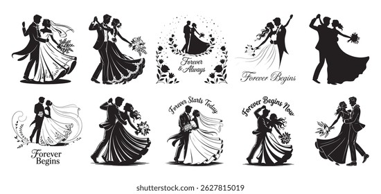 Wedding Couple Dancing Silhouette Vector Set – Romantic Bride and Groom Poses with Floral Elements