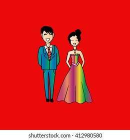 Wedding couple with wedding dress. Hand drawing illustration.