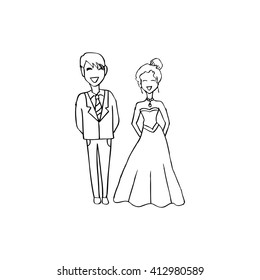 Wedding couple with wedding dress. Hand drawing illustration.