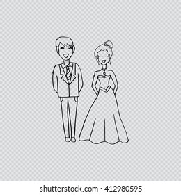 Wedding couple with wedding dress. Hand drawing illustration.