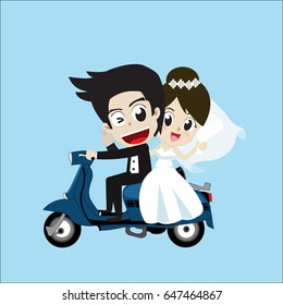 The wedding couple driving a scooter.