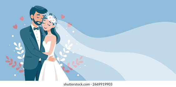 Boda pareja abrazo sobre fondo azul claro. Novia y novio. Anuncio, invitación.