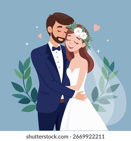 Wedding couple embrace on light blue background. Bride and groom. Illustration, invitation.