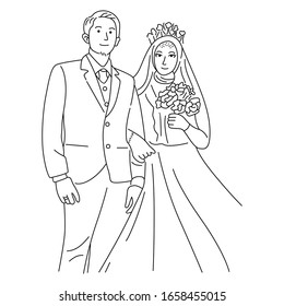 Wedding couple for engagement or marriage. Line art vector illustration