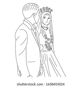 Wedding couple for engagement or marriage. Line art vector illustration