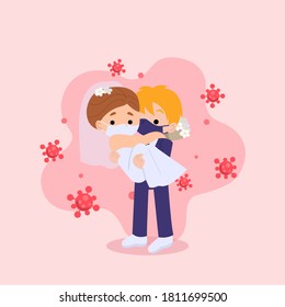 Wedding couple feel scared because of corona virus pandemic. Man and woman in wedding attire and mask surrounded by virus. New normal illustration. Flat vector design.