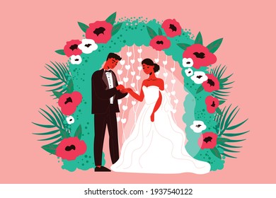 Wedding couple in floral arch composition with doodle style characters of groom and bride among flowers vector illustration