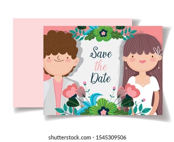 wedding couple flower save the date celebration card vector illustration
