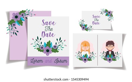 wedding couple flowers save the date invitation card vector illustration