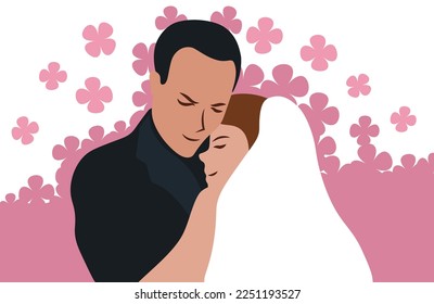 Wedding couple with flowery background. Vector illustration of bride and groom hugging.