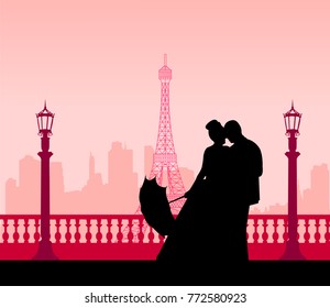 Wedding couple in front of Eiffel tower in Paris silhouette scene, one in the series of similar images layered