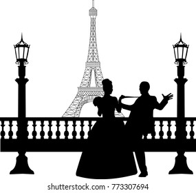 Wedding couple in front of Eiffel tower in Paris silhouette, one in the series of similar images